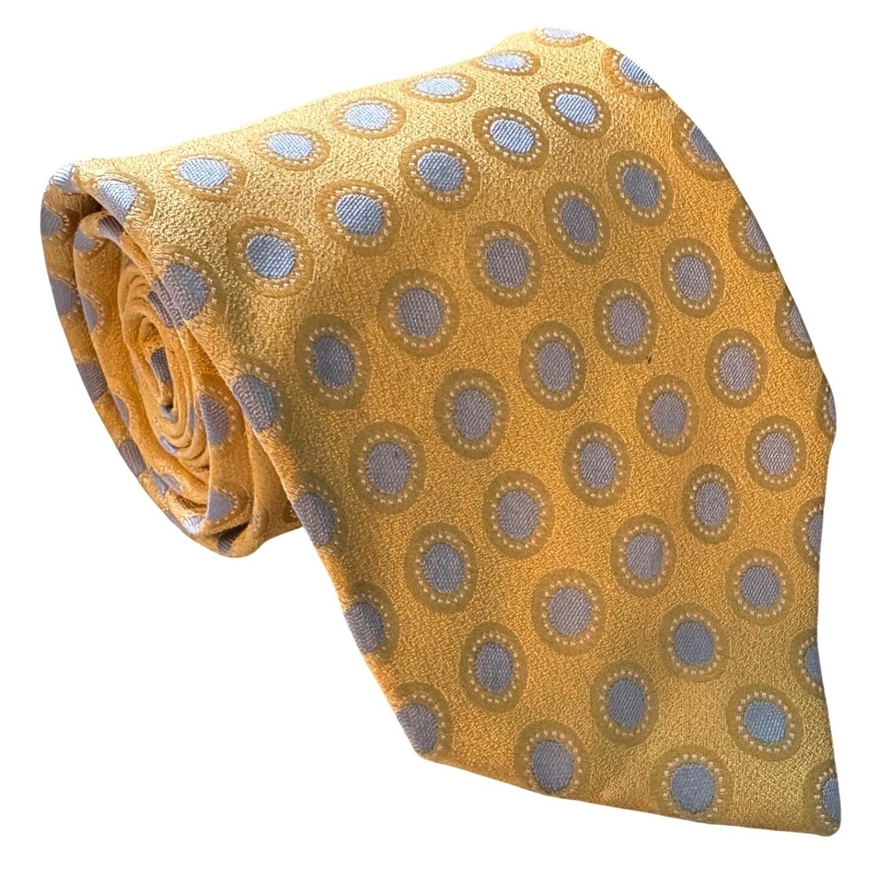 Charvet Silk Tie Mens Gold Blue Geometric Circle Pattern Place Vendome France OS